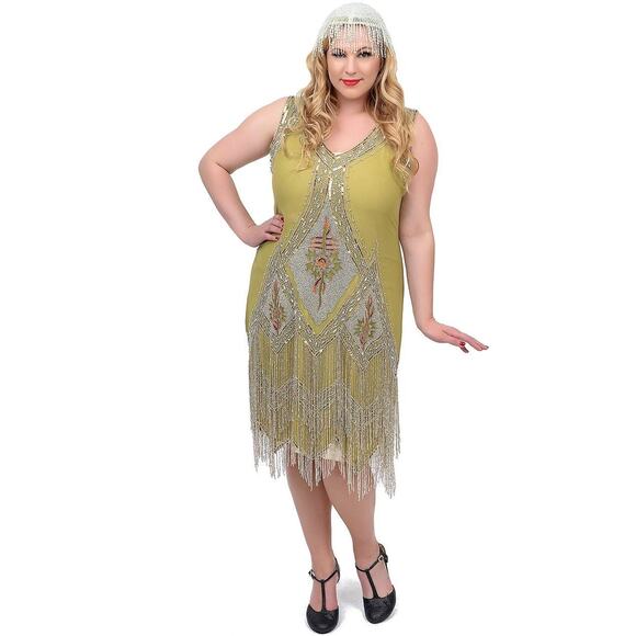 Unique Vintage 1920s Green & Silver Embroidered & Hand Beaded 
Flapper Dress (L) - Picture 4 of 9